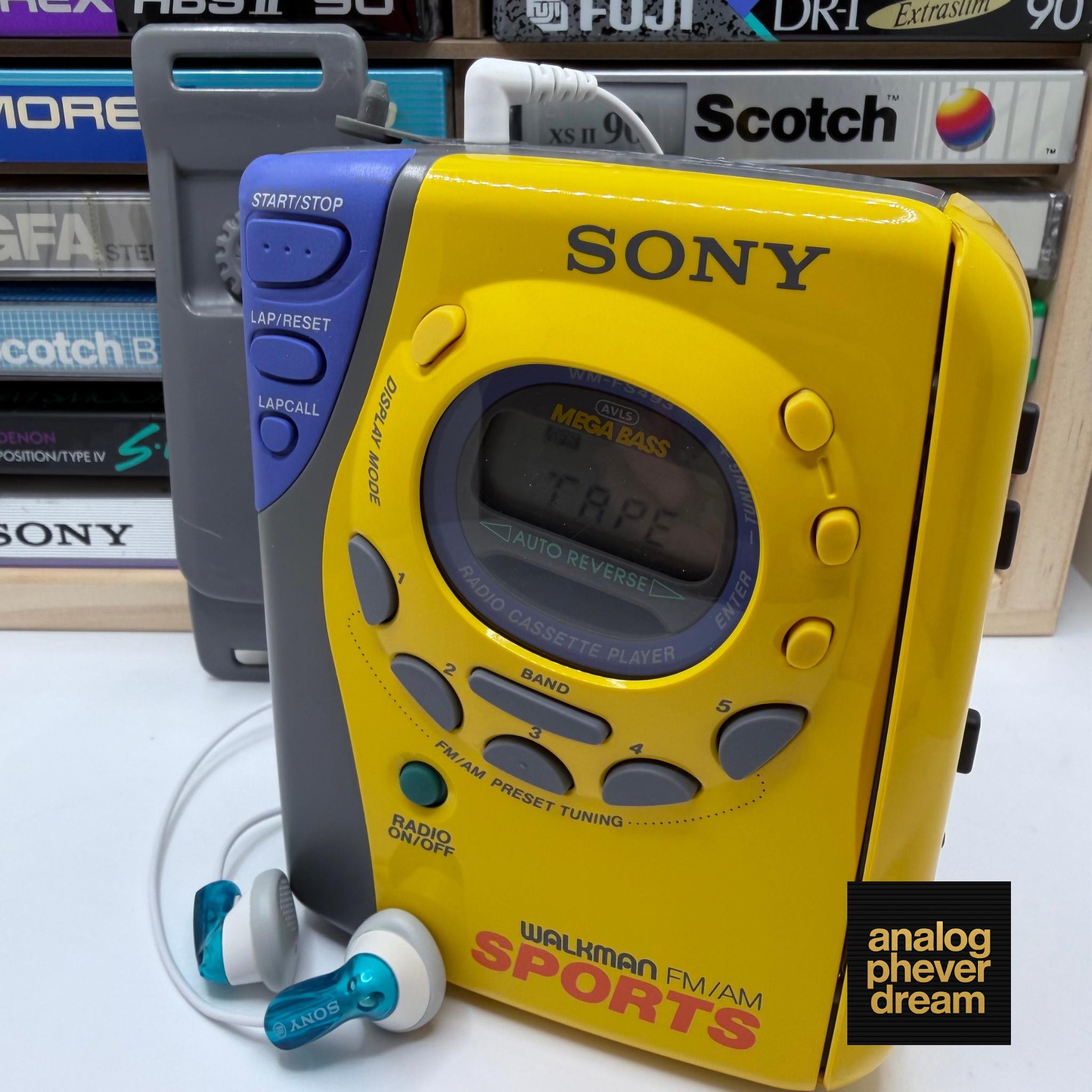 mint 1995 SONY sports wm-fs493 cassette walkman; fully restored/serviced: free cassette + headphones