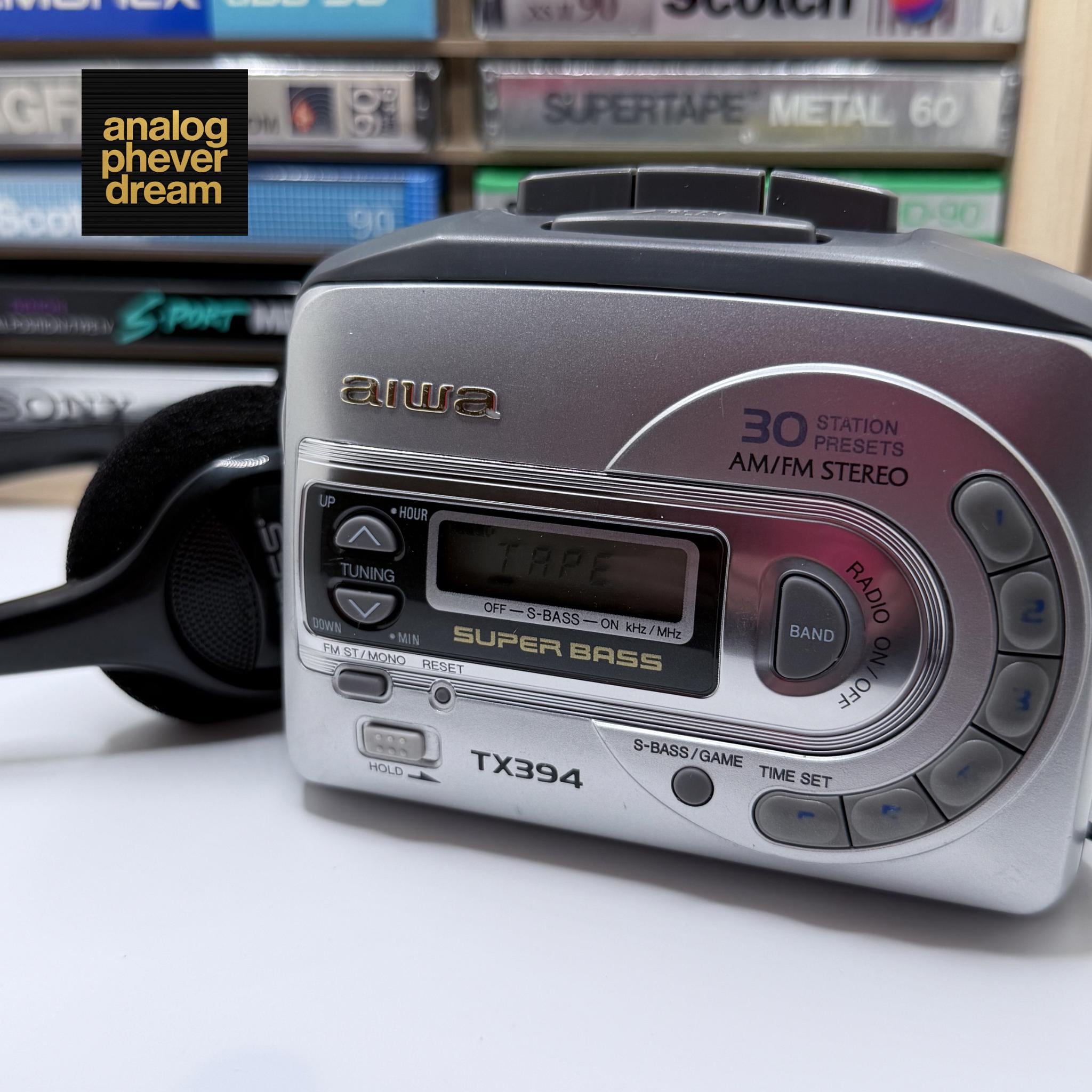 pristine 1995 aiwa tx394 cassette walkman; fully restored/serviced: free cassette + headphones